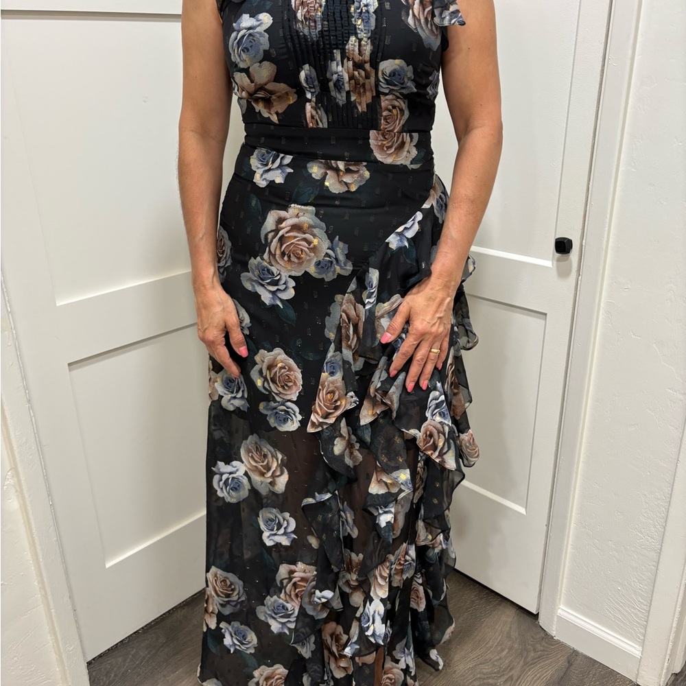 Betsy & Adam Black Floral One Shoulder Dress